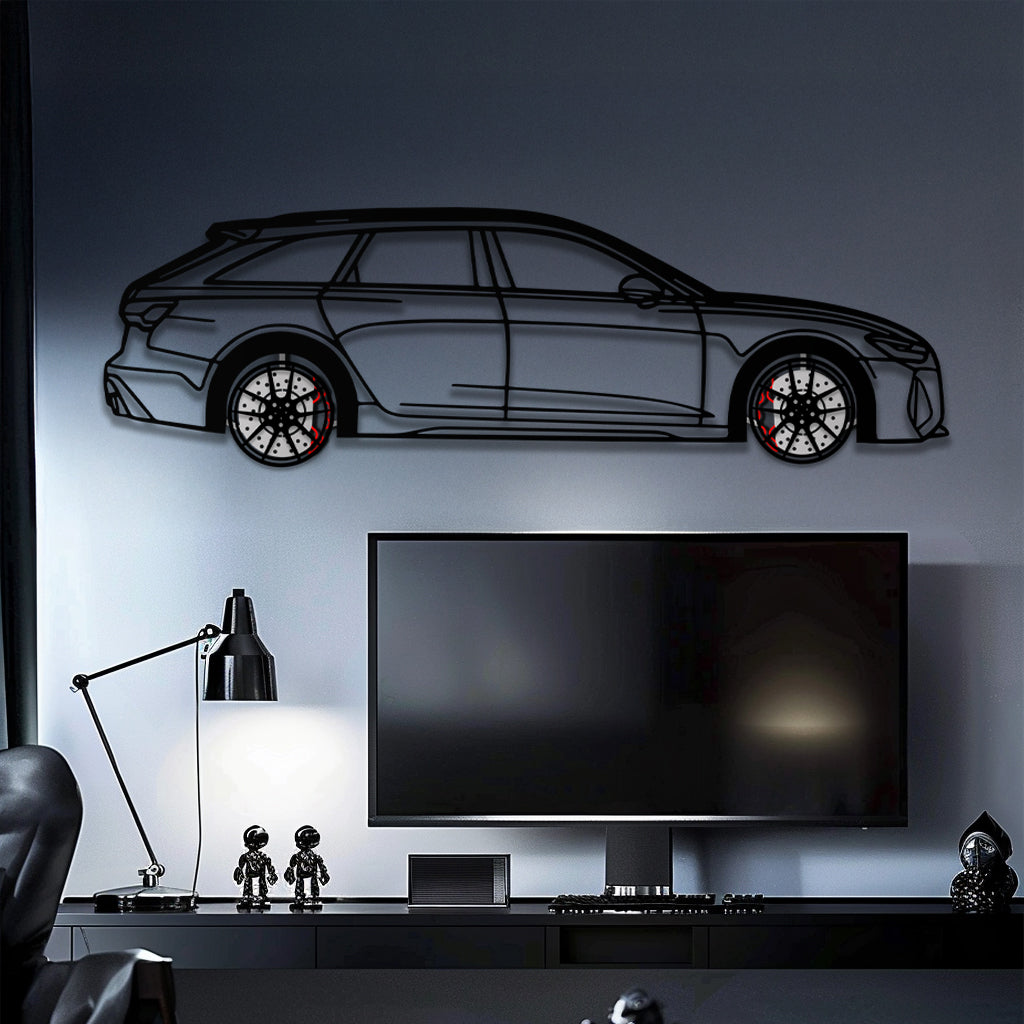 Audi RS6 Avant Metal Car Wall Art with Rotating Wheels - Super Wagon Silhouette Decor - Interactive Automotive Wall Art - KAFMEKA098