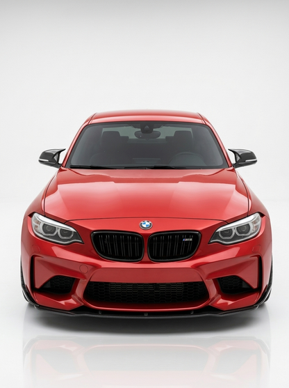 BMW 1 and 2 Series F20 F21 F22 F32 F87 M135i M140i carbon fiber side mirror covers by K2 Industries, showing sleek, textured mirror accents.
