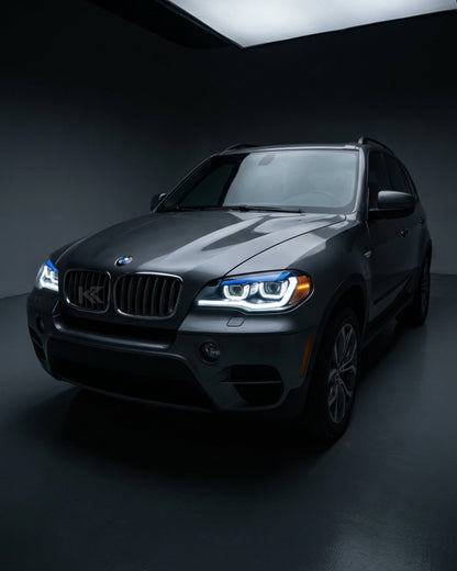 BMW X5 E70 LED headlights upgrade by K2 Industries, showing a close-up of the high-performance headlight assembly with LED bulbs.