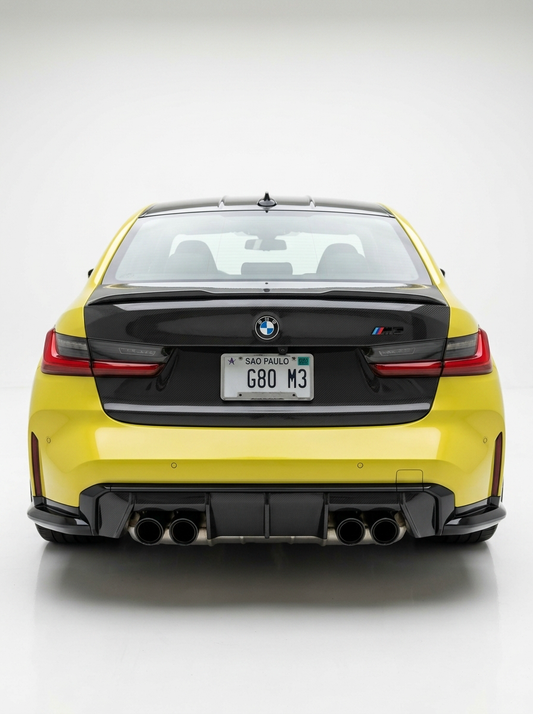 BMW 3 Series G80 M3 OEM style carbon fiber trunk by K2 Industries, showcasing sleek black carbon fiber with subtle contours.