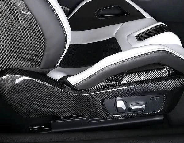 BMW 3 Series G80 M3 G82 M4 carbon fiber interior side seat trim frame panel cover bezel by K2 Industries, showing sleek textured finish.