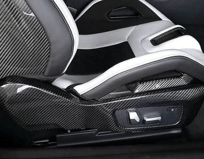 BMW 3 Series G80 M3 G82 M4 carbon fiber interior side seat trim frame panel cover bezel by K2 Industries, showing sleek textured finish.