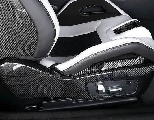 BMW 3 Series G80 M3 G82 M4 carbon fiber interior side seat trim frame panel cover bezel by K2 Industries, showing sleek textured finish.