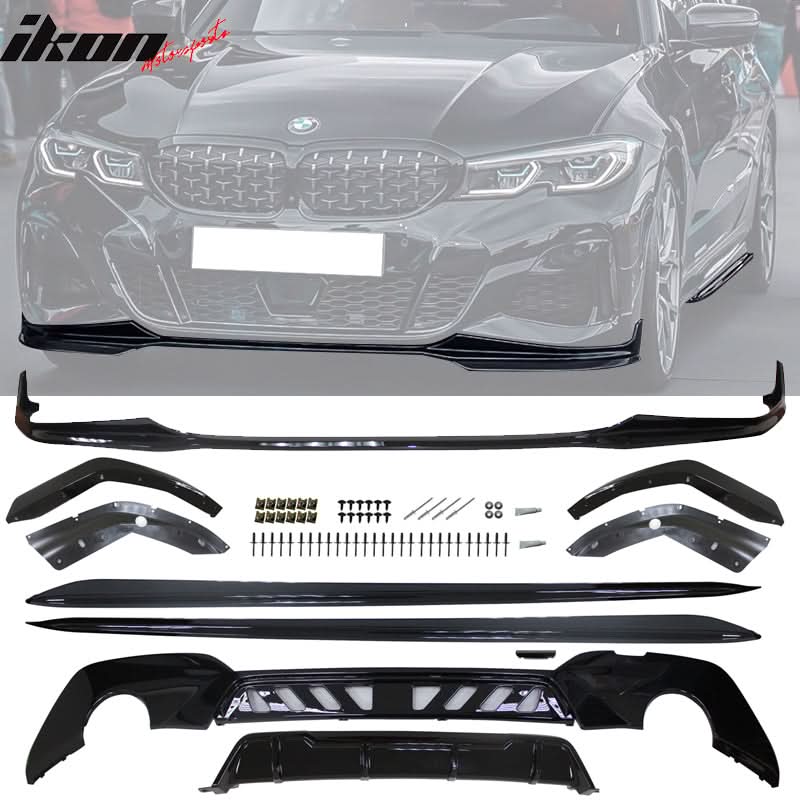 K2 Industries BMW G20 3 Series front lip, rear diffuser, and side skirts spoiler set in black with border detailing.