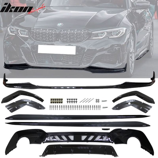 K2 Industries BMW G20 3 Series front lip, rear diffuser, and side skirts spoiler set in black with border detailing.