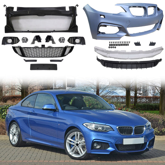 BMW F22 F23 M Sport style front bumper cover with fog lights, made by K2 Industries, showing the sleek bumper design.