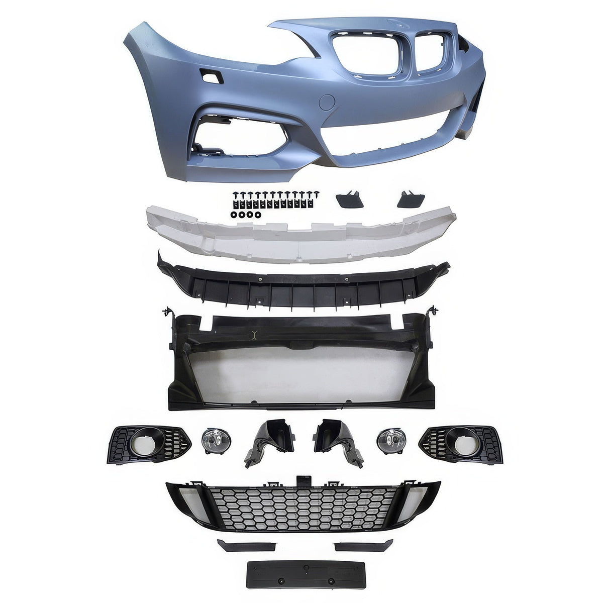 BMW F22 F23 M Sport style front bumper cover with fog lights, black finish, designed for 2014-2021 models by K2 Industries.