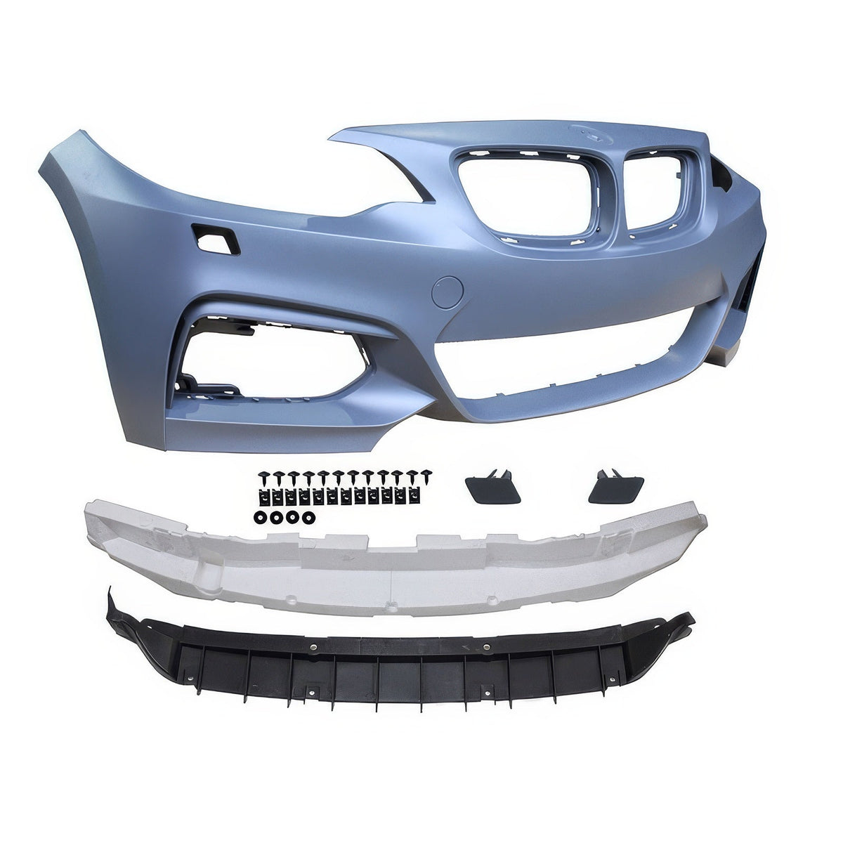 BMW F22 F23 M Sport style front bumper cover with fog lights, black finish, compatible with 2014-2021 models by K2 Industries.
