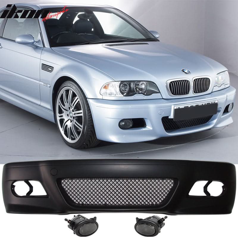 K2 Industries front bumper with fog light cover and fog lamp for 1999-2006 BMW E46 M3 coupe, showing the bumper and integrated fog lights
