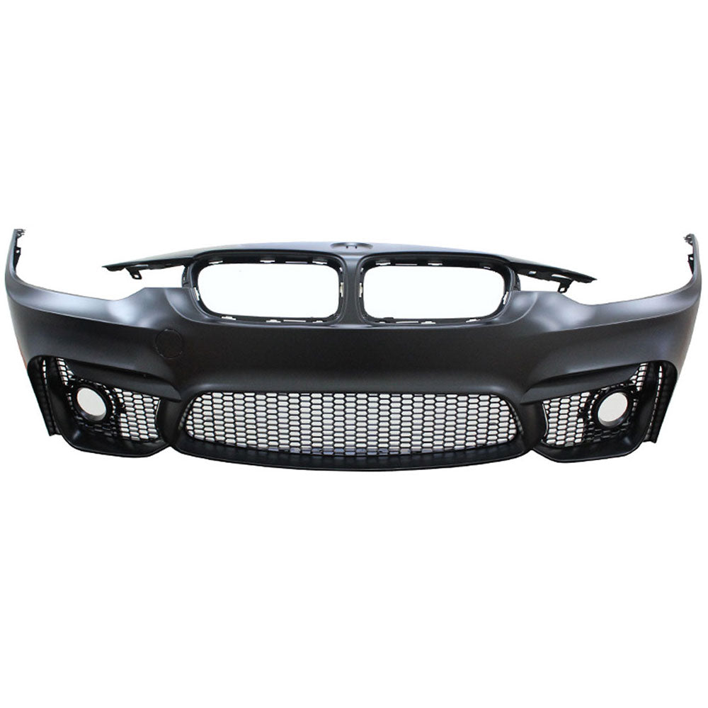 BMW F30 3 Series M3 front bumper with fog cover by K2 Industries, compatible with 2012-2018 models, showing bumper and fog cover details.