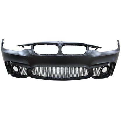 BMW F30 3 Series M3 front bumper with fog cover by K2 Industries, compatible with 2012-2018 models, showing bumper and fog cover details.