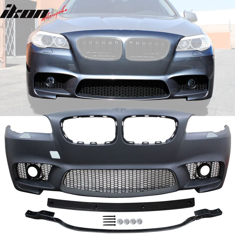 BMW F10 M5 front bumper with foglights and cover, and rear bumper by K2 Industries, shown with detailed design and mounting points.