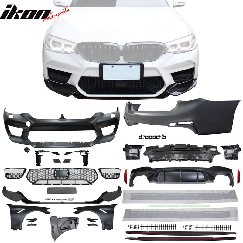 BMW G30 M5 style front and rear bumpers, side skirts, and fenders by K2 Industries, shown with black and blue accents.