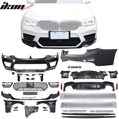 BMW G30 M5 style front and rear bumpers, side skirts, and fenders by K2 Industries, shown with black and blue accents.