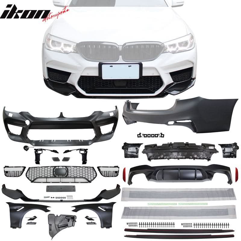 BMW G30 M5 style front and rear bumpers, side skirts, and fenders by K2 Industries, in a sleek black finish.