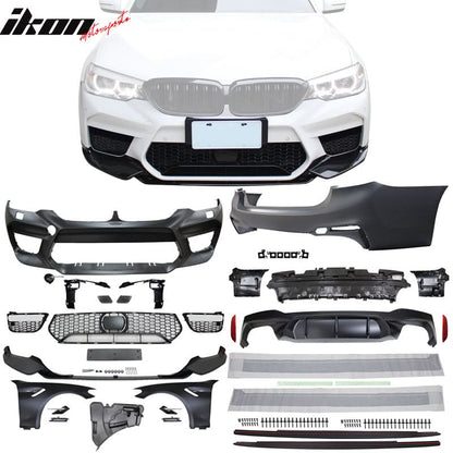 BMW G30 M5 style front and rear bumpers, side skirts, and fenders by K2 Industries, in a sleek black finish.
