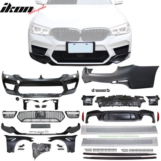 BMW G30 M5 style front and rear bumpers, side skirts, and fenders by K2 Industries, in a sleek black finish.