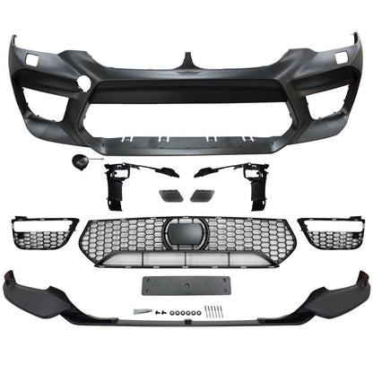 BMW G30 2017-2020 M5 style front bumper by K2 Industries with lip and fog cover, showing the sleek design and details.