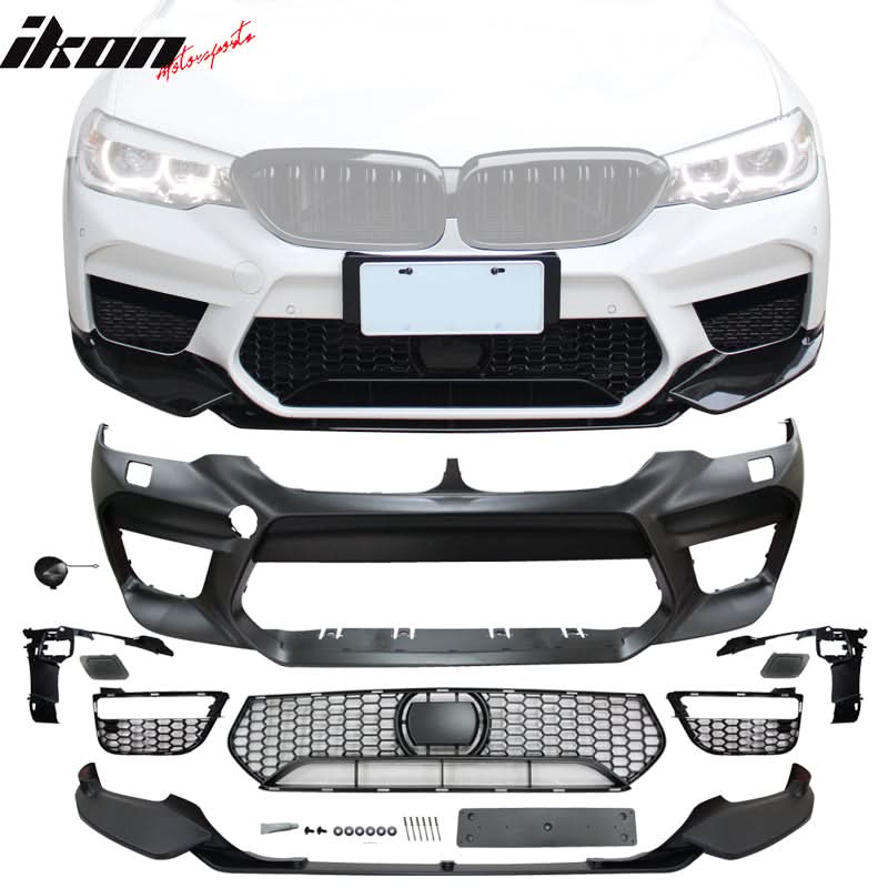 BMW G30 sedan M5 style front bumper by K2 Industries with lip and fog light covers, featuring a sleek design and integrated grille.