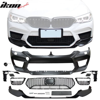 BMW G30 sedan M5 style front bumper by K2 Industries with lip and fog light covers, featuring a sleek design and integrated grille.