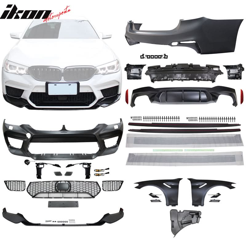 BMW G30 M5 style front and rear bumpers, side skirts, and fenders by K2 Industries for 2017-2020 model shown in the image.