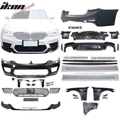 BMW G30 M5 style front and rear bumpers, side skirts, and fenders by K2 Industries for 2017-2020 model shown in the image.