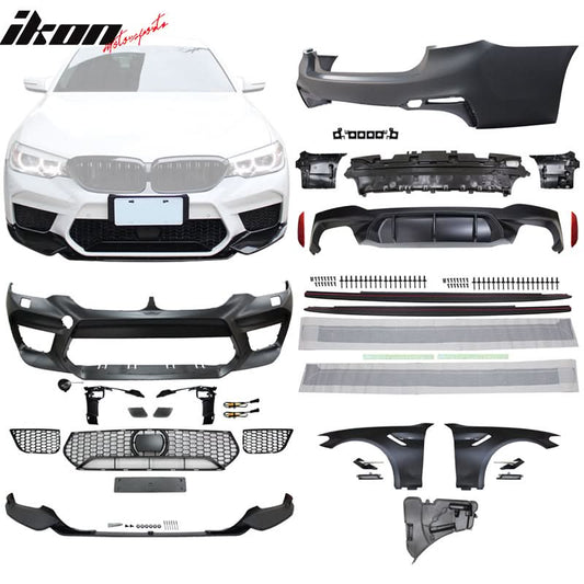 BMW G30 M5 style front and rear bumpers, side skirts, and fenders by K2 Industries for 2017-2020 model shown in the image.