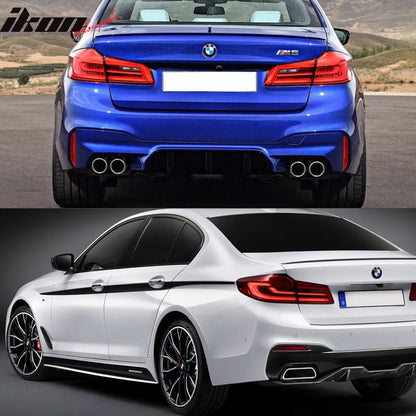 BMW G30 2017-2020 M5 style front and rear bumpers with side skirts in PP, designed by K2 Industries for sporty upgrade.