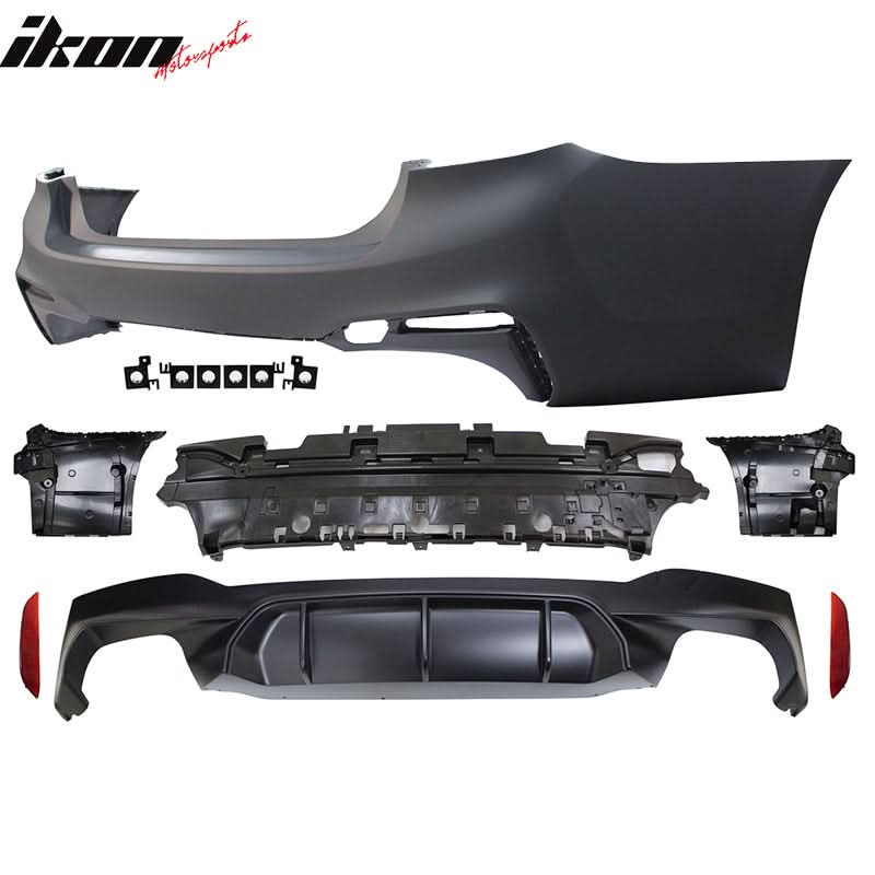 BMW G30 2017-2020 M5 style front and rear bumpers with side skirts in black PP, designed for a sleek, sporty look.