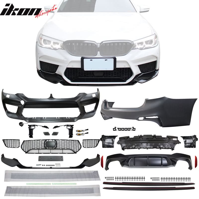 BMW G30 2017-2020 M5 style front and rear bumpers with side skirts, made of PP, by K2 Industries, shown with a black and blue design.