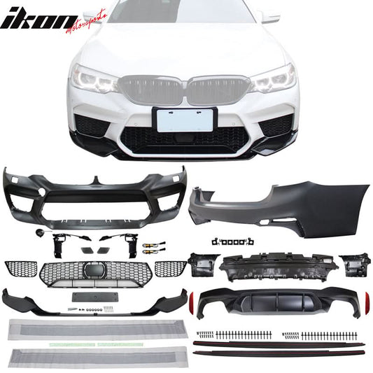 BMW G30 2017-2020 M5 style front and rear bumpers with side skirts, made of PP, by K2 Industries, shown with a black and blue design.
