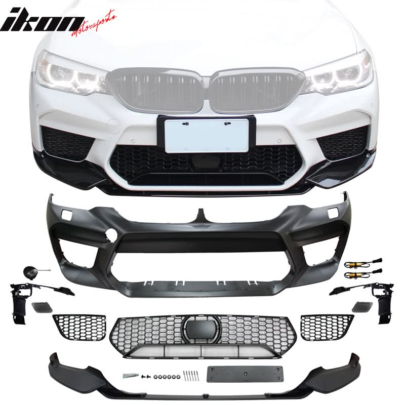 BMW G30 sedan M5 style front bumper by K2 Industries with lip and fog cover, featuring a sleek aerodynamic design.