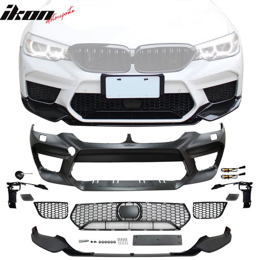 BMW G30 sedan M5 style front bumper by K2 Industries with lip and fog cover, featuring a sleek aerodynamic design.