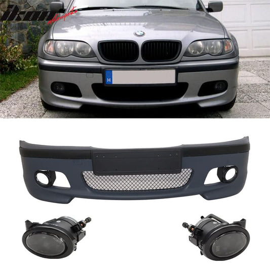 K2 Industries BMW E46 M Tech M-sport front bumper with fog lights, compatible with 1999-2005 models, made of durable PP material.
