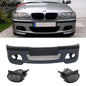 K2 Industries BMW E46 M Tech M-sport front bumper with fog lights, compatible with 1999-2005 models, made of durable PP material.