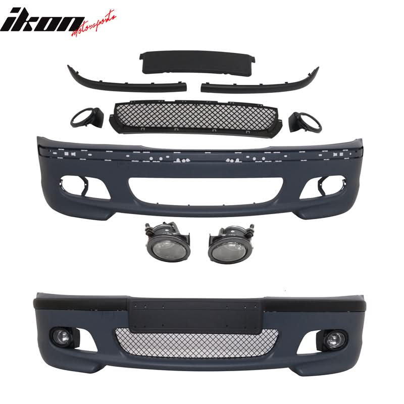 K2 Industries BMW E46 M Tech Msport front bumper with fog lights, fits 99-05 BMW E46 M3, made of durable polypropylene.