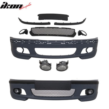 K2 Industries BMW E46 M Tech Msport front bumper with fog lights, fits 99-05 BMW E46 M3, made of durable polypropylene.