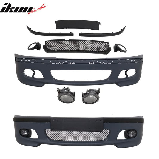 K2 Industries BMW E46 M Tech Msport front bumper with fog lights, fits 99-05 BMW E46 M3, made of durable polypropylene.