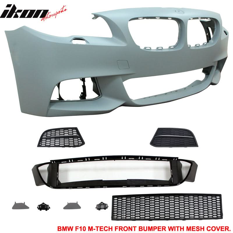 BMW F10 front and rear bumpers by K2 Industries, with single outlet design for 2014-2016 models, shown with borders.