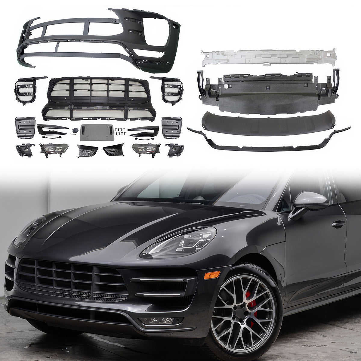 K2 Industries front bumper for 2014-2018 Porsche Macan Turbo, PP material, shown in the image with detailed bumper design.
