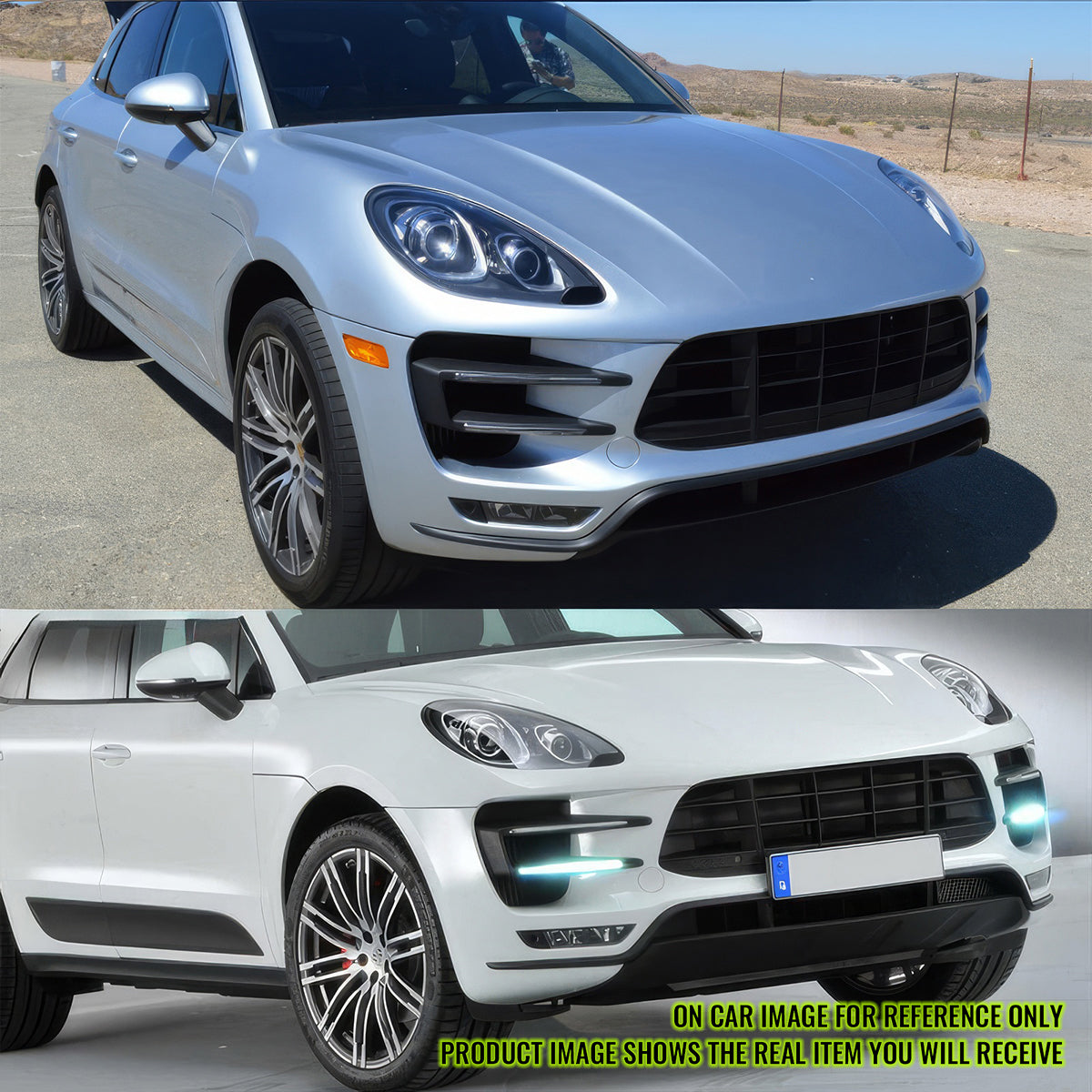 K2 Industries front bumper for 2014-2018 Porsche Macan Turbo, PP material, showing the bumper's detailed design and fitment.