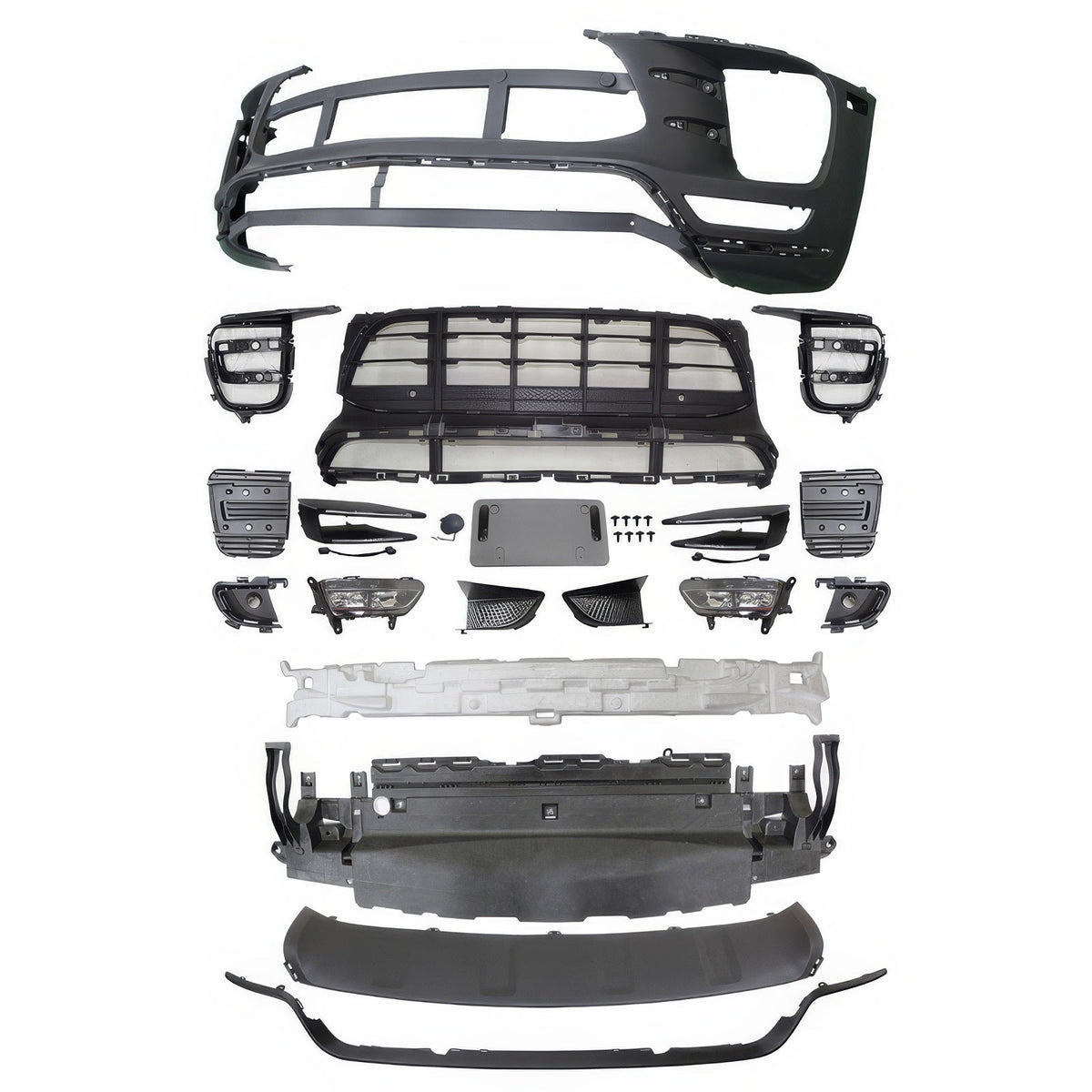 K2 Industries front bumper for Porsche Macan Turbo (2014-2018), PP bumper replacement, shown from the front view.
