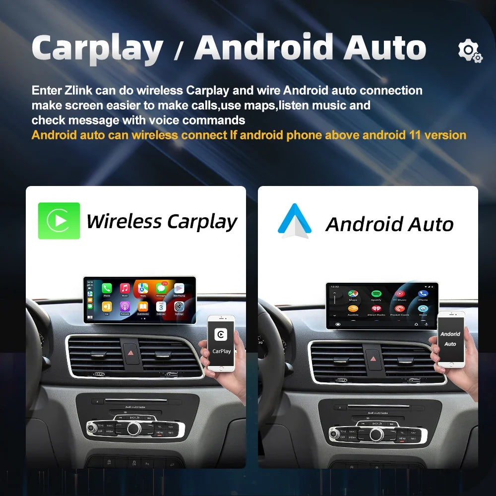Promotional graphic for Zlink Carplay and Android Auto car stereo compatibility, showing two side-by-side dashboard mockups with a smartphone and hands demonstrating wireless connection.