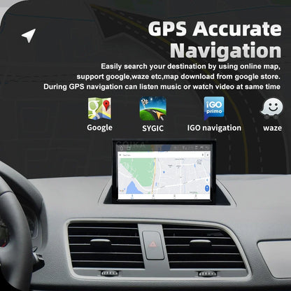 Car dashboard display showing a GPS map screen, with text reading 'GPS Accurate Navigation' and logos for Google, SYGIC, iGO navigation, and waze.