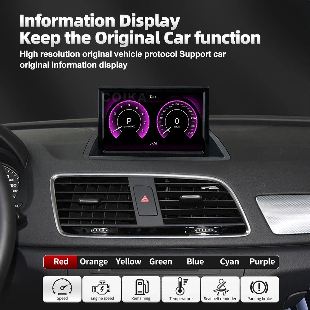 Car dashboard infotainment display screen showing a custom car instrument display with purple gauges, set in a black car interior. Includes text overlays explaining the high-resolution original vehicle protocol support and a color selection bar at the bottom.