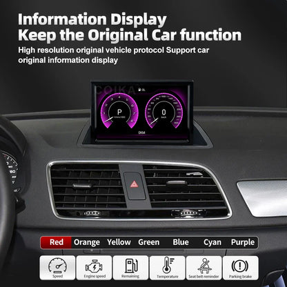 Car dashboard infotainment display screen showing a custom car instrument display with purple gauges, set in a black car interior. Includes text overlays explaining the high-resolution original vehicle protocol support and a color selection bar at the bottom.