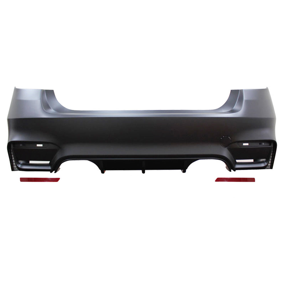 BMW F30 3 Series M3 M4 style twin muffler rear bumper cover by K2 Industries for 2012-2019 models, front view showing design details.