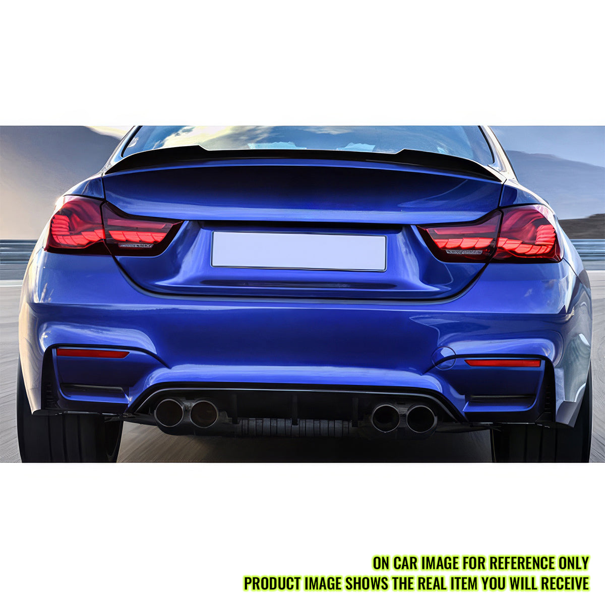 K2 Industries BMW F30 3 Series M3 M4 style twin muffler rear bumper cover, black plastic, fits 2012-2019 models.