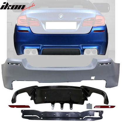 BMW F10 M5 front bumper with foglight and cover, rear bumper from K2 Industries, featuring smooth black finish and mounting details.