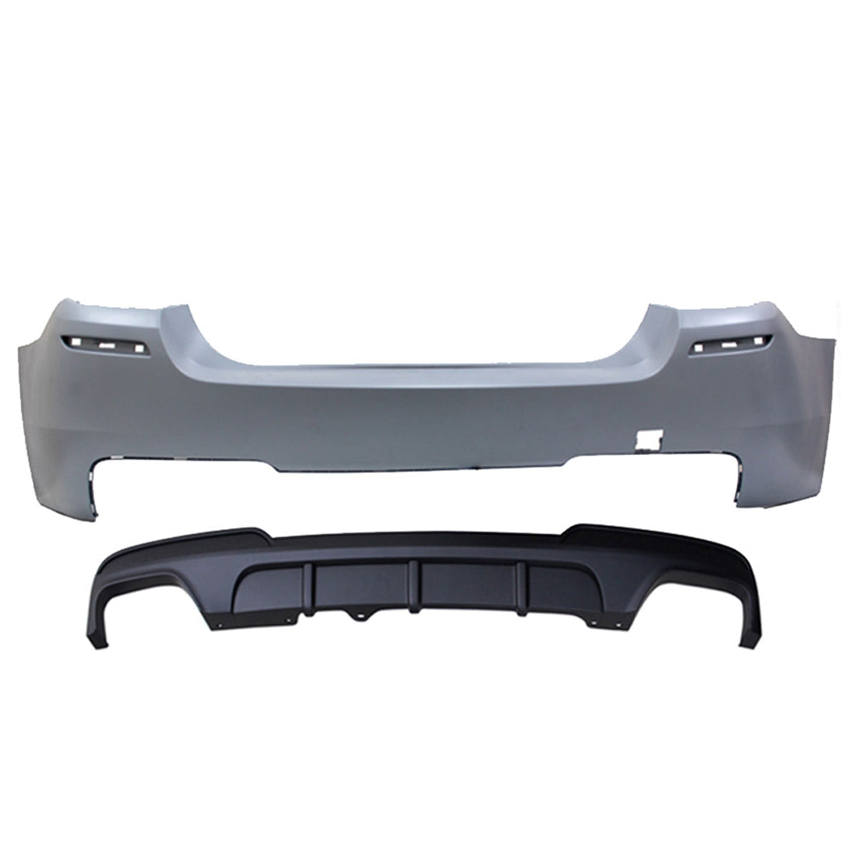 BMW F10 M-P Style twin muffler rear bumper by K2 Industries, featuring dual outlets and sleek design for 2011-2016 models.